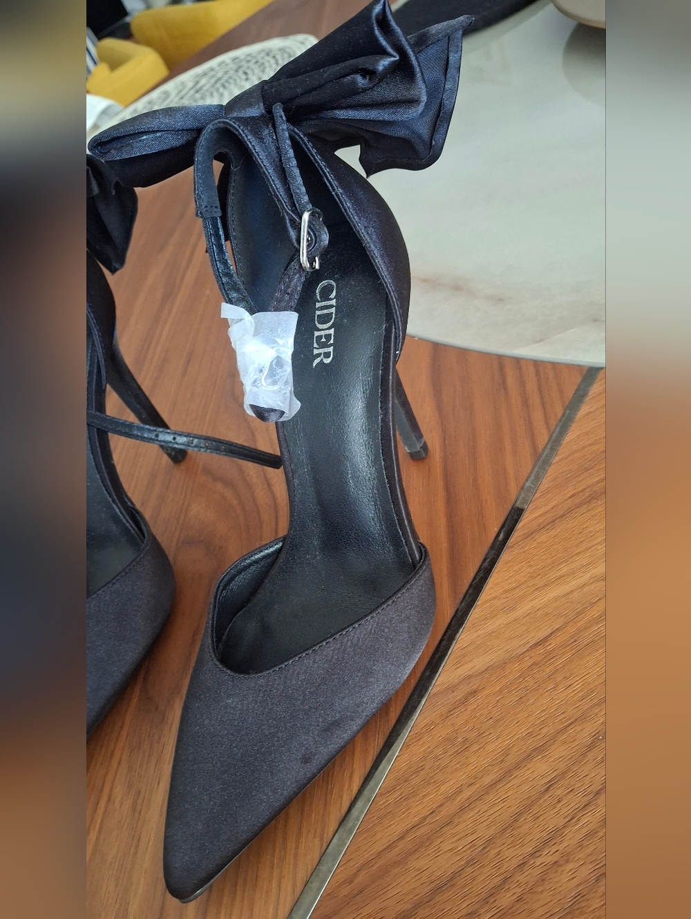 Cider Black Satin Pointed-Toe Ankle-Tie Stiletto Heels